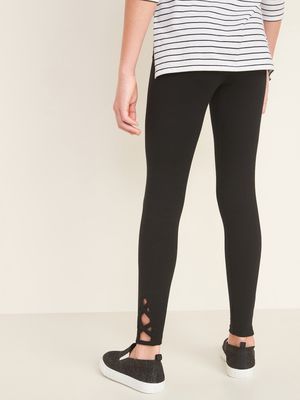 Tough Full-Length Lattice-Hem Leggings for Girls - Black