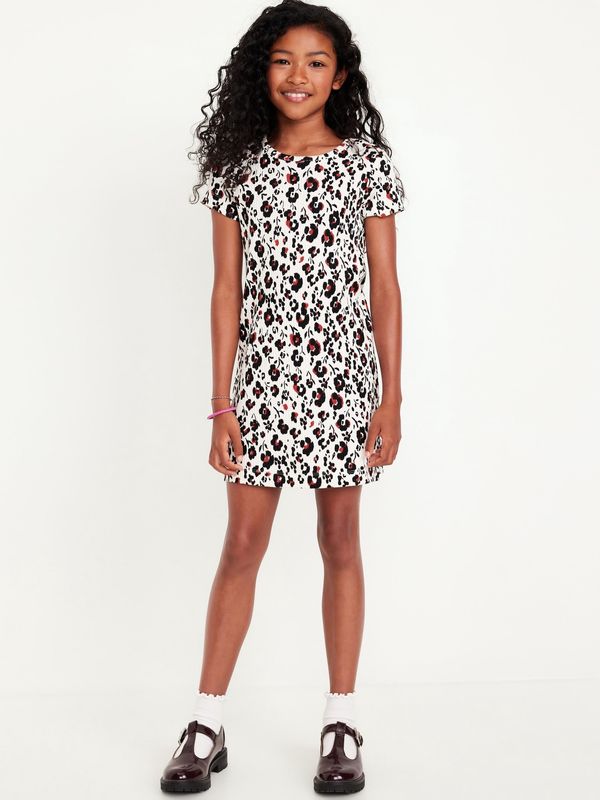 Printed Short-Sleeve Ribbed Dress for Girls- Red/black