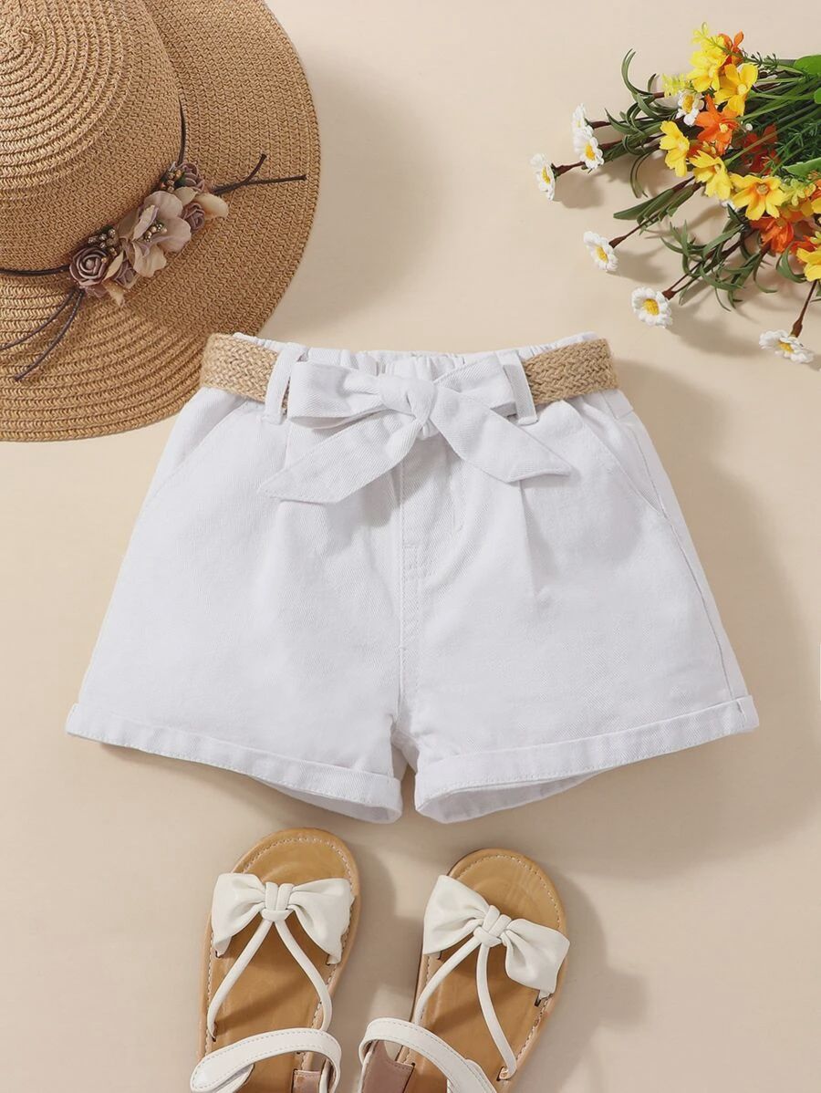 Hem Belted Denim Shorts-White