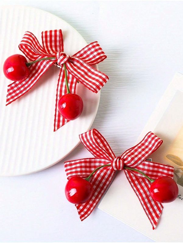 2pcs Kids' Red Plaid Ribbon Bow Alligator Hair Clip