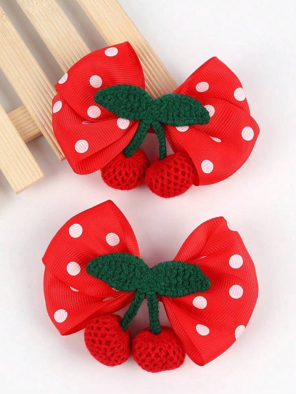2pcs Girls Polka Dot & Cherry Decor Hair Bow Clips