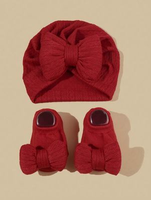 Baby's Hat & Socks Set w/ Bowknot Headband Cap