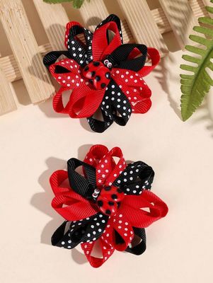 2pcs Girls Hair Bow Clips ,Cute Little Ladybug Decor Hairpins ,Polka Dot Print Hairgrips