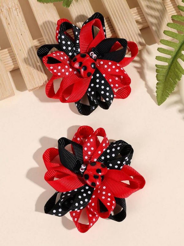 2pcs Girls Hair Bow Clips ,Cute Little Ladybug Decor Hairpins ,Polka Dot Print Hairgrips