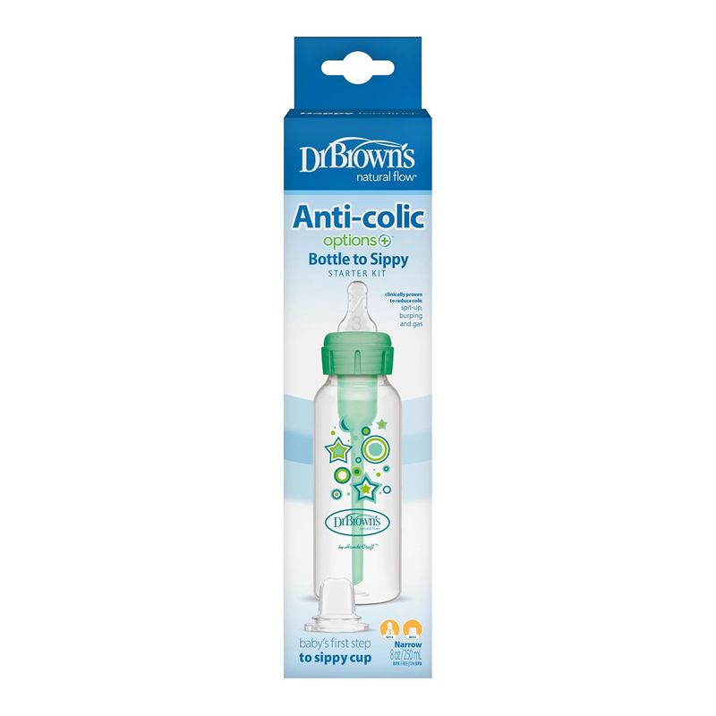 Dr. Brown's Natural Flow Anti-Colic Options+ Narrow Sippy Bottle Starter Kit, 8oz/250mL, with Level 3 Medium-Fast Flow Nipple and 100% Silicone Soft Sippy Spout, Green, 6m+