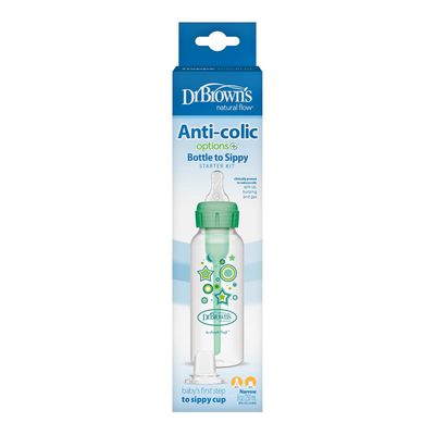 Dr. Brown's Natural Flow Anti-Colic Options+ Narrow Sippy Bottle Starter Kit, 8oz/250mL, with Level 3 Medium-Fast Flow Nipple and 100% Silicone Soft Sippy Spout, Green, 6m+