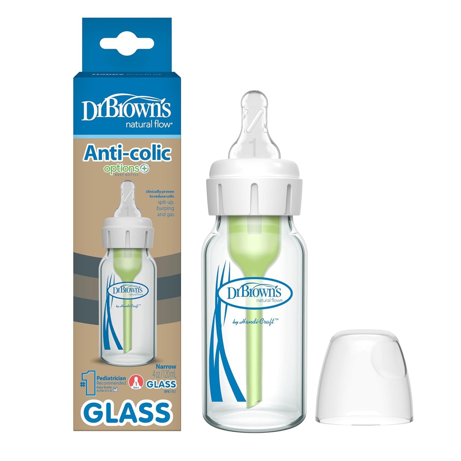 Dr. Brown&#39;s Natural Flow Anti-Colic Options+ Narrow Glass Baby Bottle, 4 oz/120 mL, with Level 1 Slow Flow Nipple, 1 Pack, 0m+