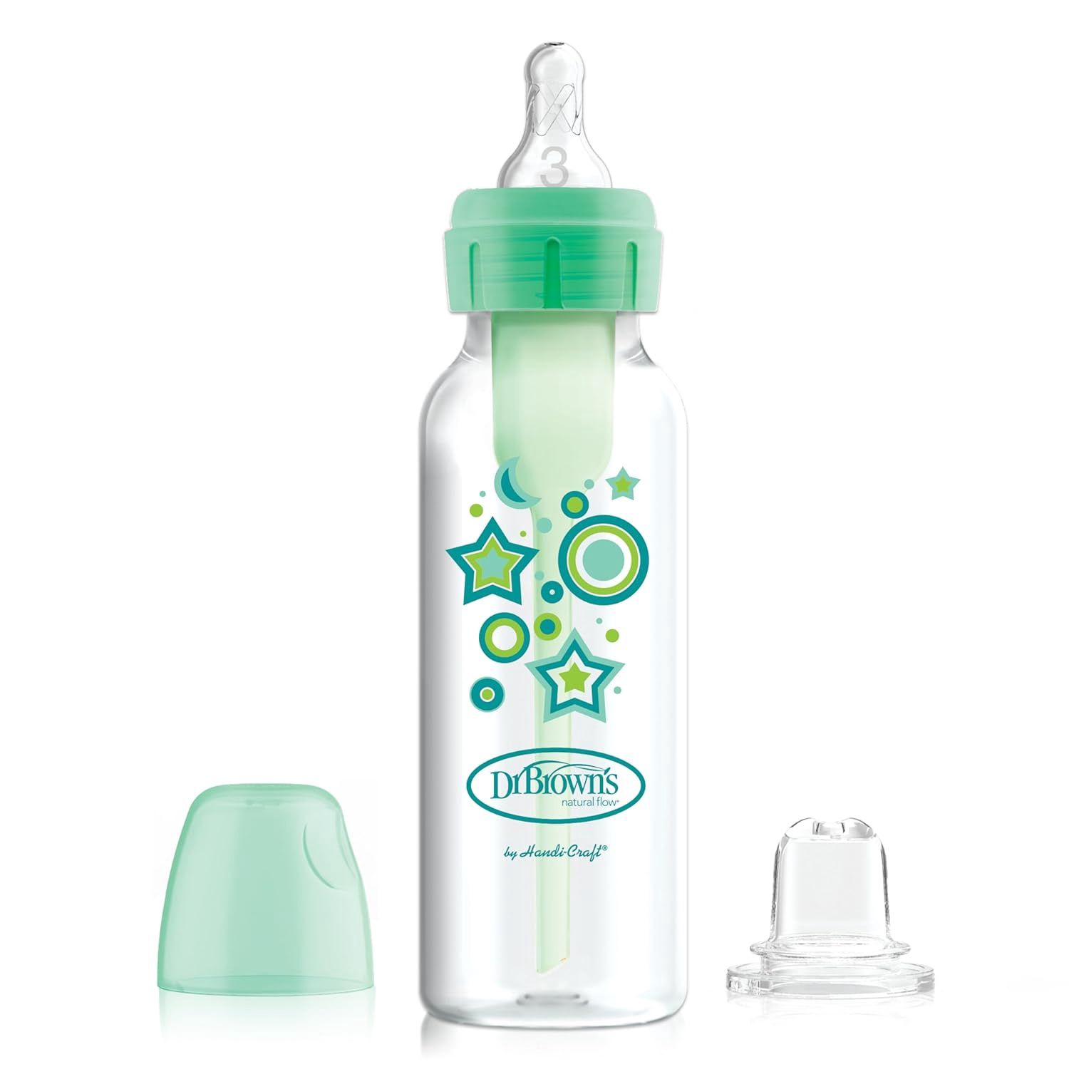 Dr. Brown's Natural Flow Anti-Colic Options+ Narrow Sippy Bottle Starter Kit, 8oz/250mL, with Level 3 Medium-Fast Flow Nipple and 100% Silicone Soft Sippy Spout, Green, 6m+