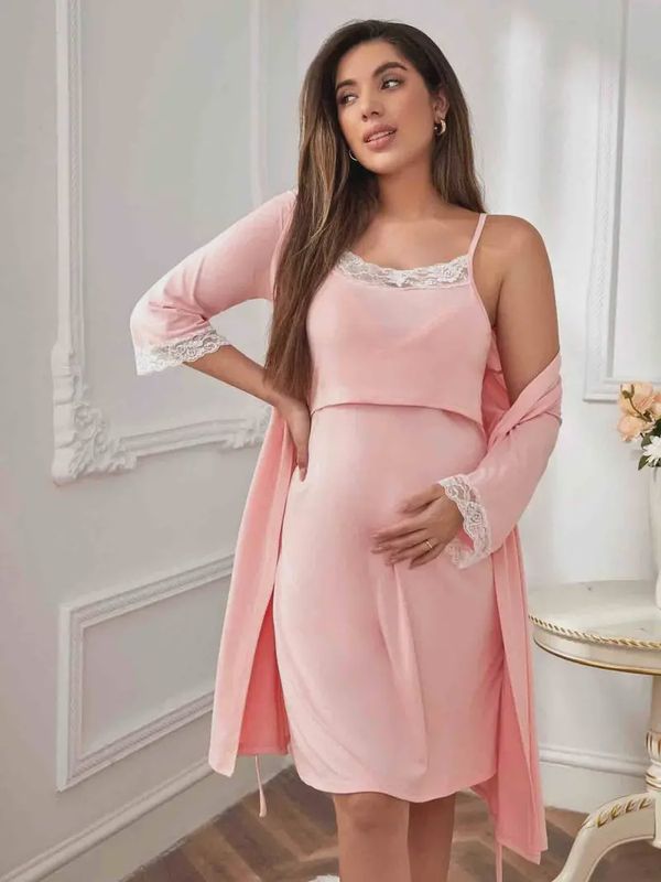 2Pcs Maternity Nightdress Set - Pink