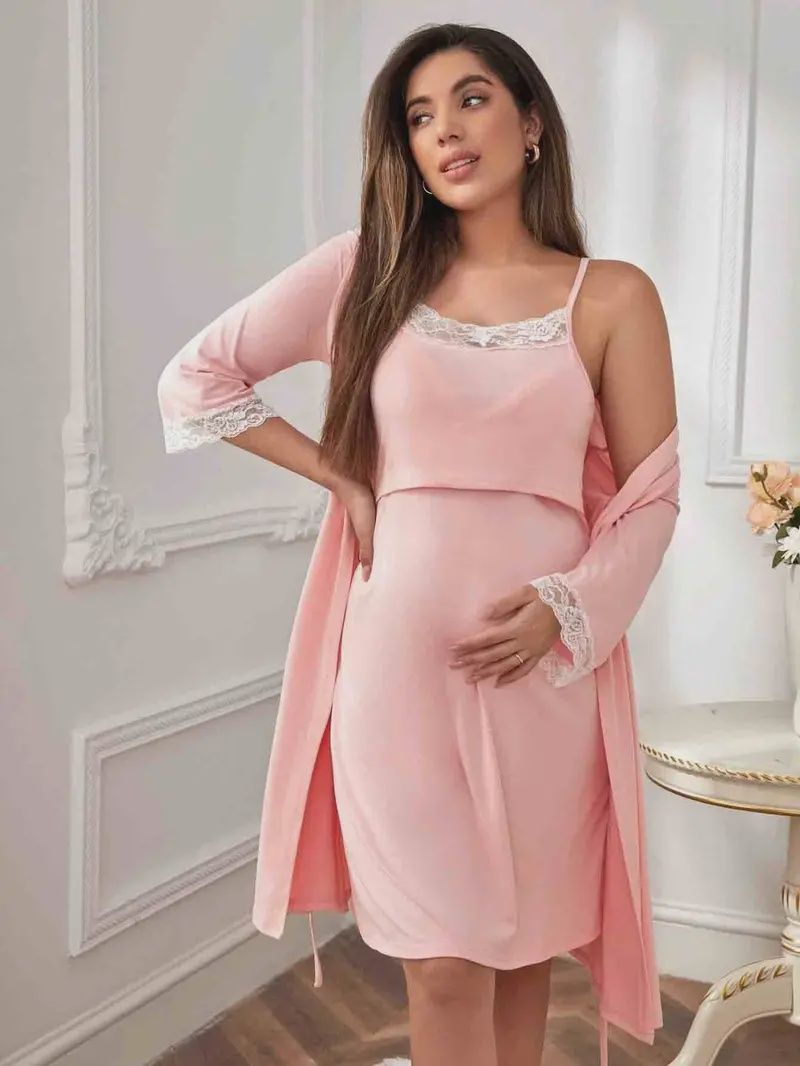 2Pcs Maternity Nightdress Set - Pink, Size: Med