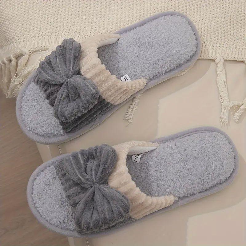 Cute Bowknot Decor Slippers - Grey, Size: 9.5-10