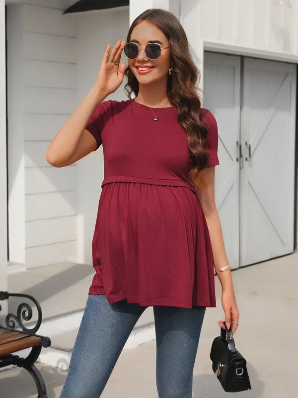 Maternity Solid Waist T-Shirt - Burgundy, Size: Med