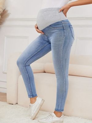Stylish Maternity High Waist Solid Denim Jeans