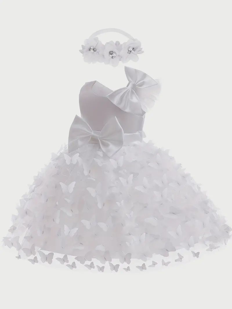 Elegant Bowknot &amp; Butterfly-Embroidered Polycotton Dress - Christening, Size: 6M