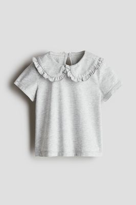 Girls Cotton Top with Collar - Light Grey