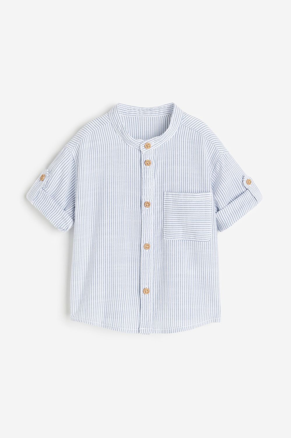 Band-collar Cotton Shirt - Striped blue, Size: 4-6M