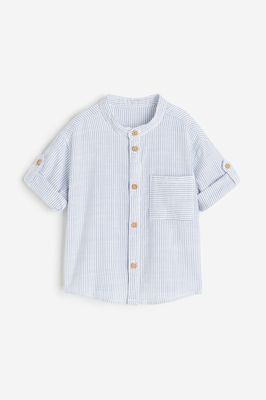 Band-collar Cotton Shirt - Striped blue