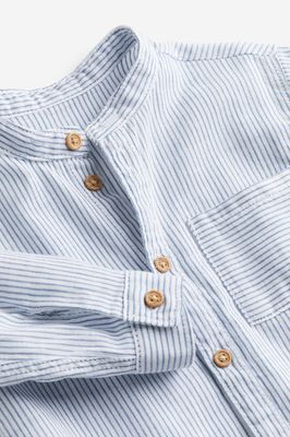 Band-collar Cotton Shirt - Striped blue