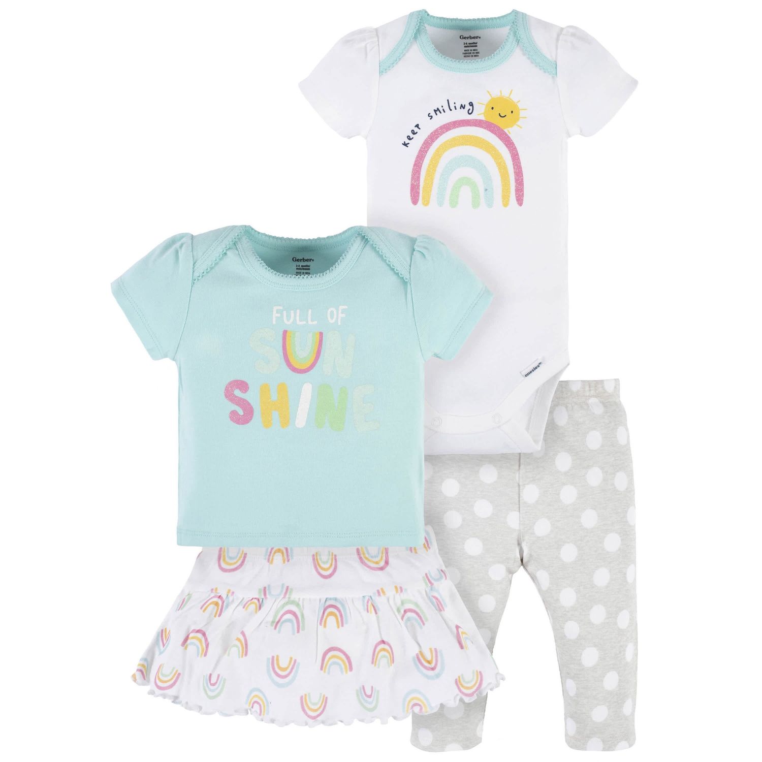 4-Piece Baby Girls Dots Of Rainbows Onesies® Bodysuit, Tee, Skort &amp; Pant Set, Size: 0-3M