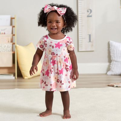 3-Piece Baby &amp; Toddler Girls Cherry Blossom Dress, Diaper Cover &amp; Headband Set