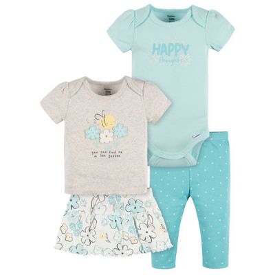 4-Piece Baby Girls Bee Petals Onesies® Bodysuit, Tee, Skort &amp; Pant Set