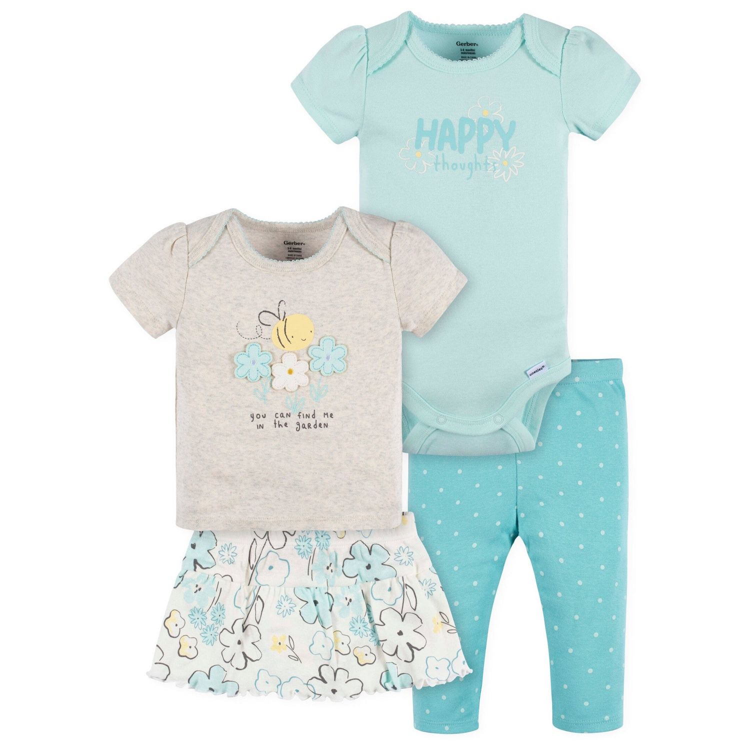 4-Piece Baby Girls Bee Petals Onesies® Bodysuit, Tee, Skort & Pant Set, Size: 3-6M