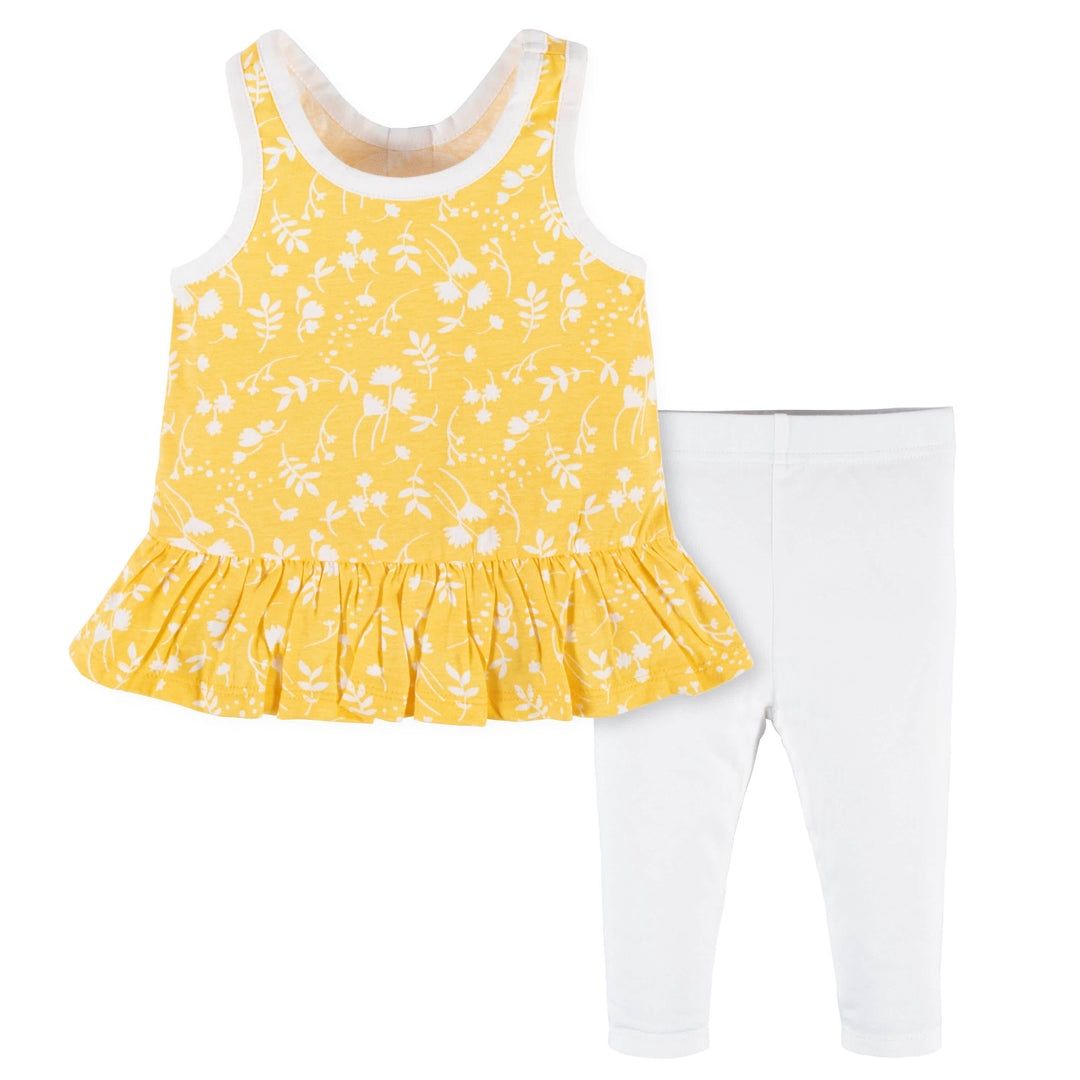2-Piece Baby Girls Yellow Garden Sleeveless Tunic &amp; Legging Set, Size: 0-3M