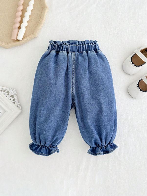 Cozy Pixies Baby Girls' Fall Cute Causal Ruffle Waistband &amp; Cuff, Bowknot Decor Baggy Denim Jogger Pants