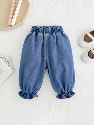 Cozy Pixies Baby Girls' Fall Cute Causal Ruffle Waistband &amp; Cuff, Bowknot Decor Baggy Denim Jogger Pants