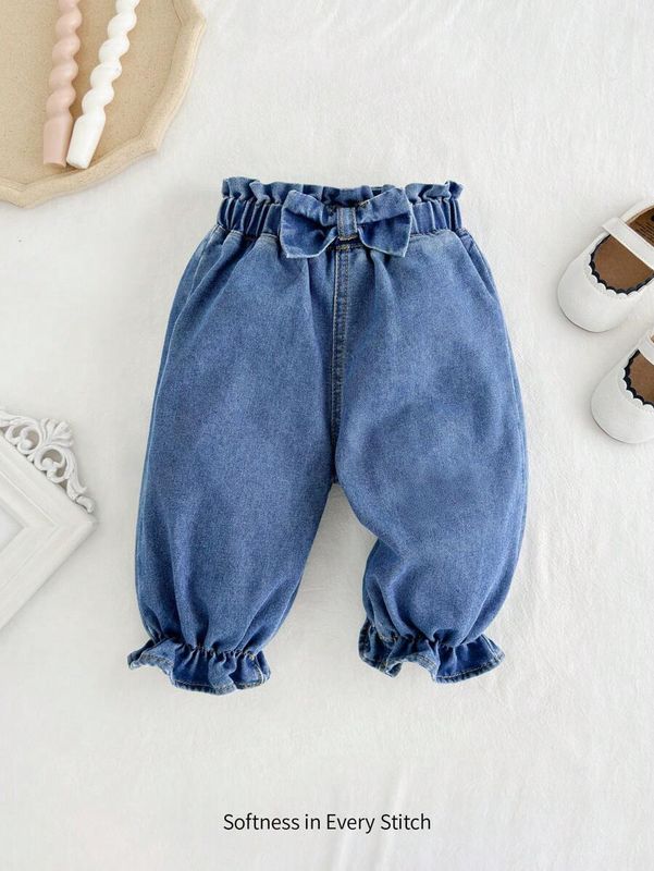 Cozy Pixies Baby Girls' Fall Cute Causal Ruffle Waistband & Cuff, Bowknot Decor Baggy Denim Jogger Pants