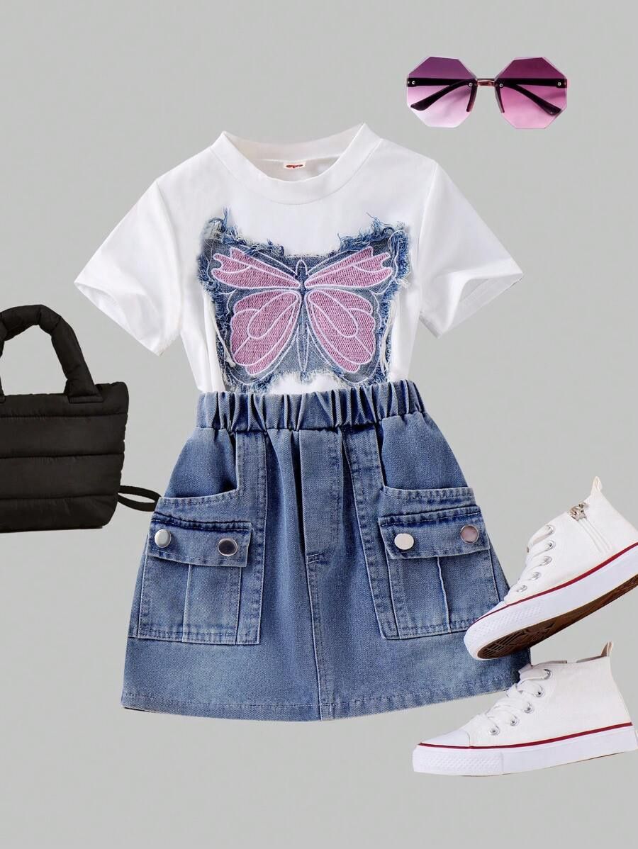Young Girl 2pcs/Set Stylish Bowknot T-Shirt &amp; Denim Skirt Outfit, Size: 7Yrs