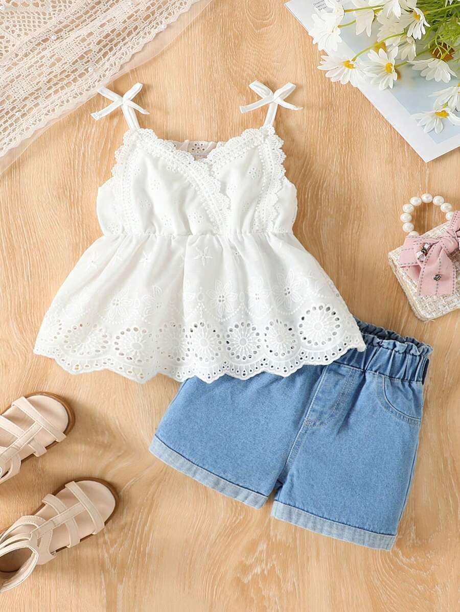 Young Girl Solid Color Flower Lace Trimmed Camisole Top And Denim Shorts Set, Size: 7yrs