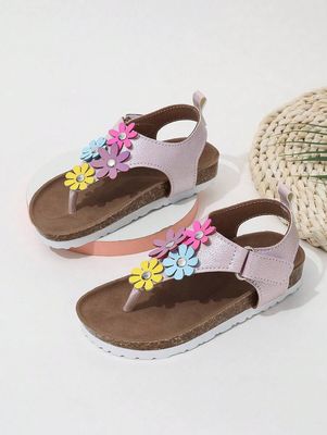 Kids Cute Flower Decor Flip Flops Breathable Lightweight Suitable For Beach Vacation And Parties