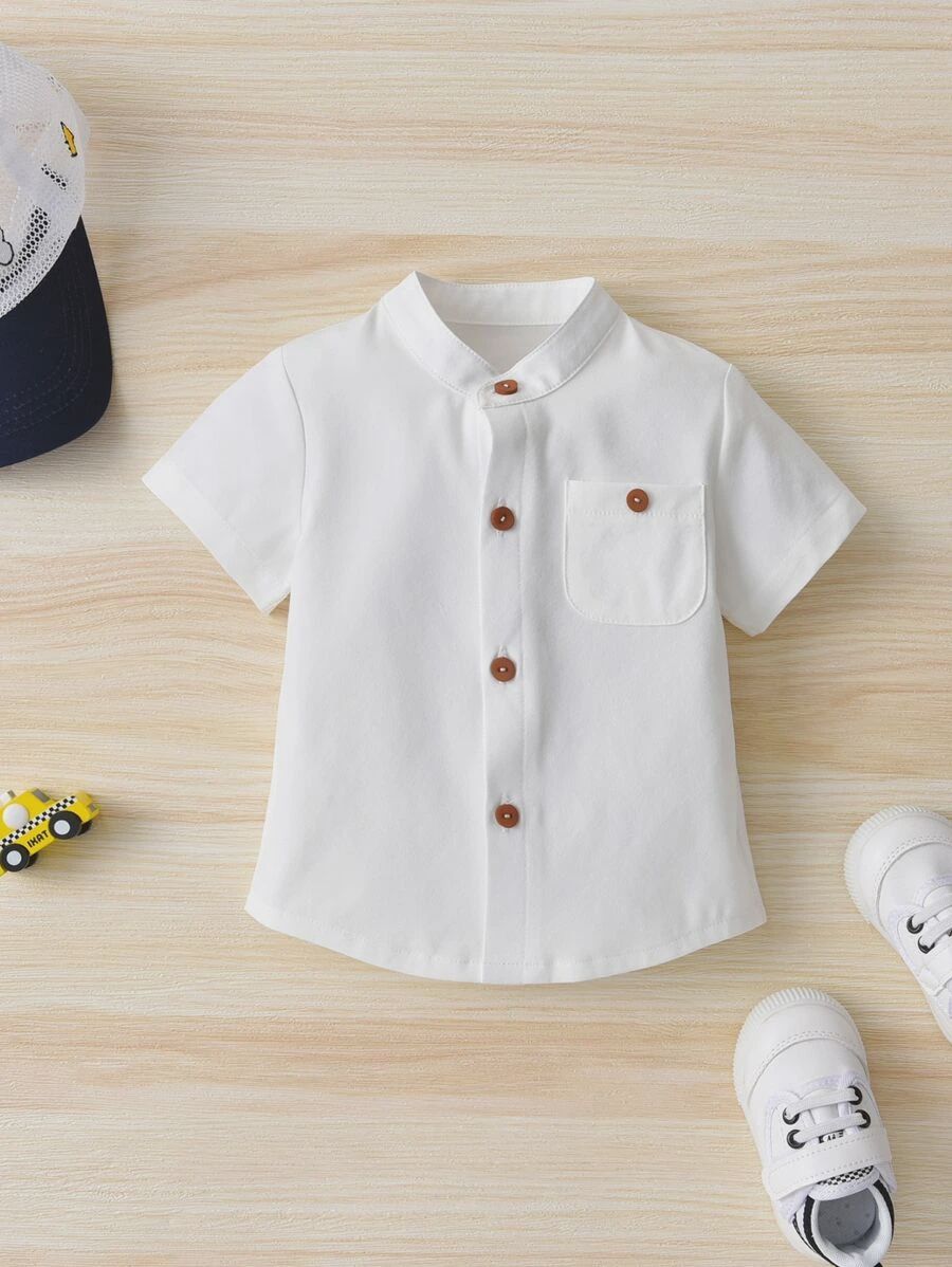 Baby Boy Summer Casual Solid Color Patch Pocket Button Front Short Sleeve Top, Size: 3-6 mnths
