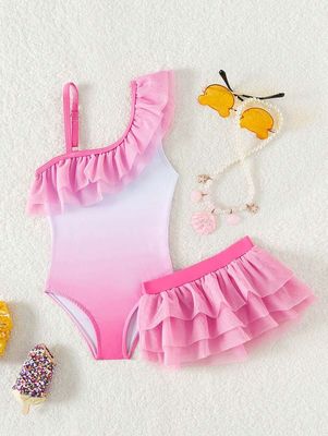 Baby Girl Ruffle One-Piece Swimsuit With Matching Mesh Skirt
