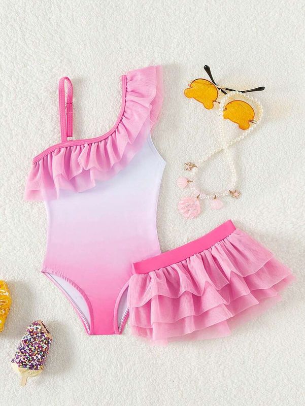 Baby Girl Ruffle One-Piece Swimsuit With Matching Mesh Skirt