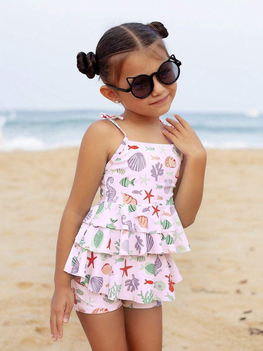 Young Girl's Beach Vacation Summer Seashell Printed Ruffle Hem Cute Tankini Swimsuit With Separated Bottom, Size: 7 yrs