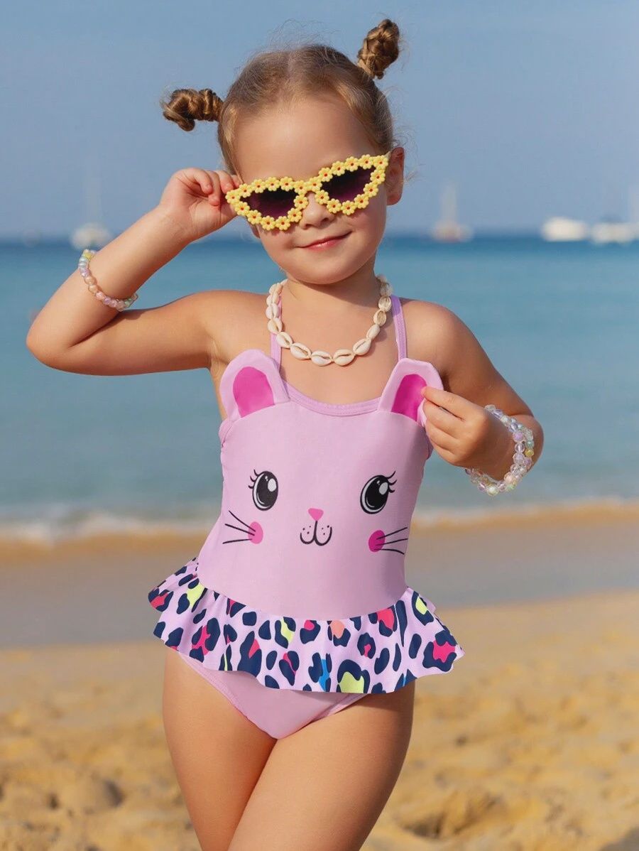 Young Girl Summer Beach Cartoon Printed One-Piece Swimsuit With Spaghetti Straps, Size: 6 yrs