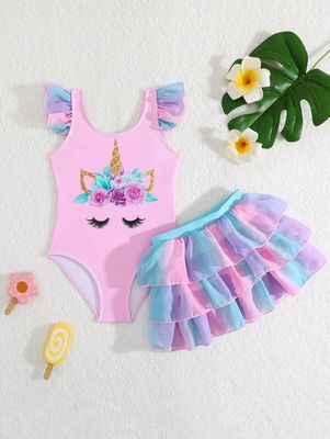 Cute Unicorn Cartoon Print 2pcs Young Girls Swimsuit Set, Mesh Patchwork Ruffle Hem Tie Dye Cake Skirt Cover Up
