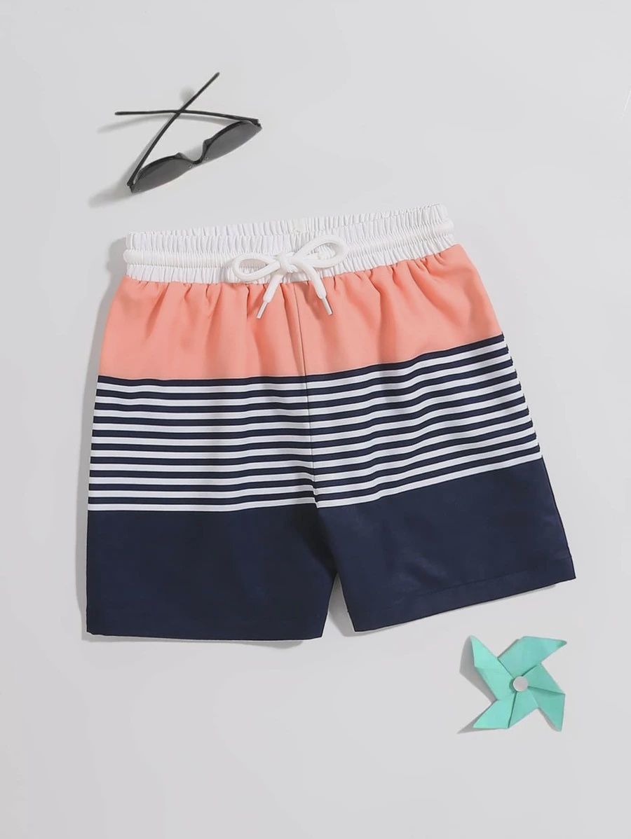 Young Boy Color Block &amp; Striped Drawstring Waist Swim Shorts, Size: 4 yrs