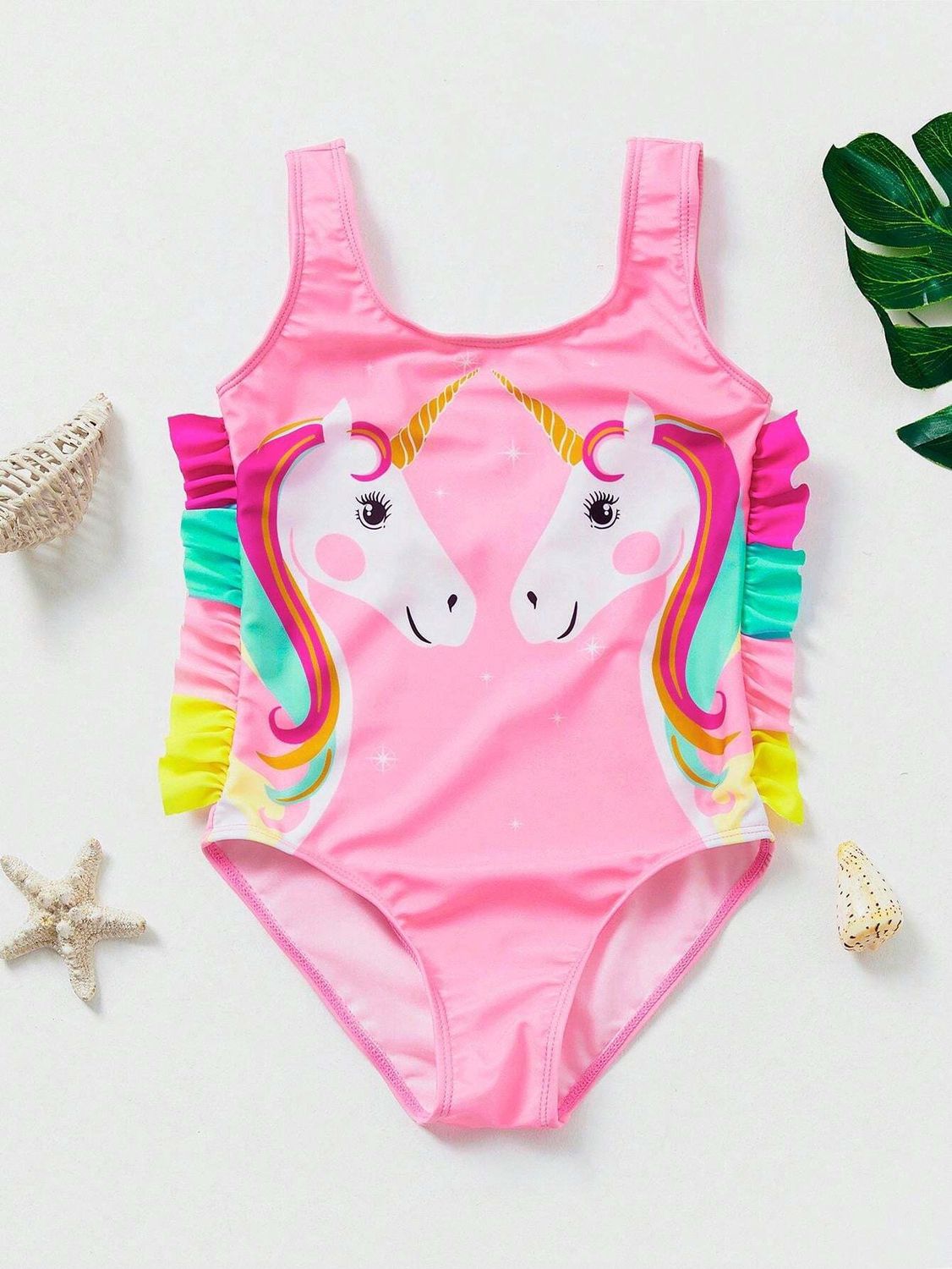Young Girl Unicorn Print Ruffle Trim One Piece Swimsuit, Size: 4 yrs