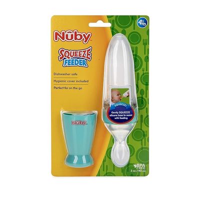 Nuby New &amp; Improved Silicone Food Dispensing Squeeze Feeder with Cover &amp; Stand, 4+ Months/ 3 Oz/ 90 Ml