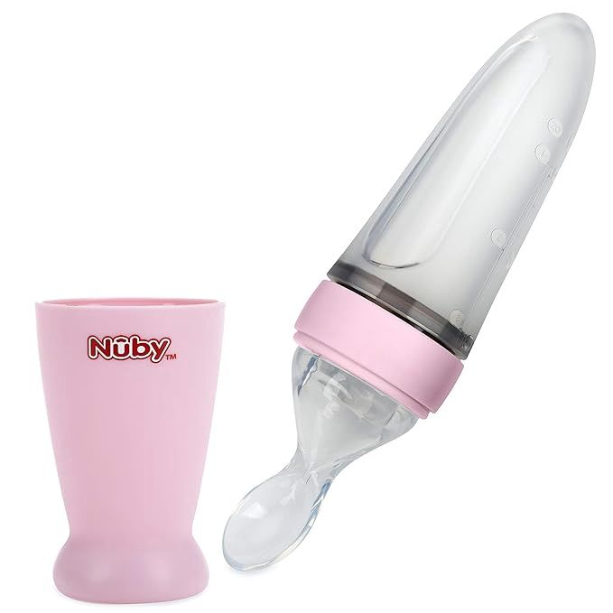 Nuby New & Improved Silicone Food Dispensing Squeeze Feeder with Cover & Stand, 4+ Months/ 3 Oz/ 90 Ml, Color: Pink