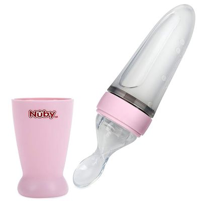 Nuby New & Improved Silicone Food Dispensing Squeeze Feeder with Cover & Stand, 4+ Months/ 3 Oz/ 90 Ml