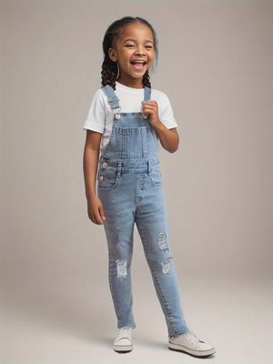 Girls Casual &amp; Breathable Ripped Denim Suspender Pants With Pockets