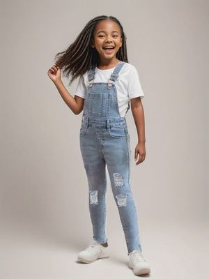 Girls Casual &amp; Breathable Ripped Denim Suspender Pants With Pockets