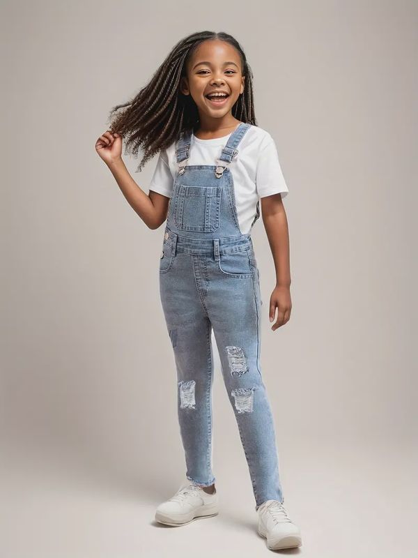 Girls Casual & Breathable Ripped Denim Suspender Pants With Pockets