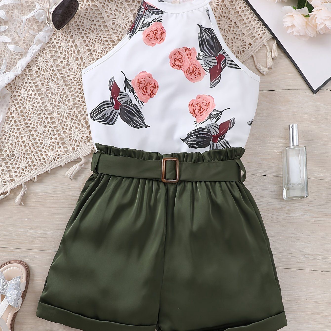 2PCS Boho Floral Halter Top &amp; Solid Belt Shorts Set, Size: 5-6Y