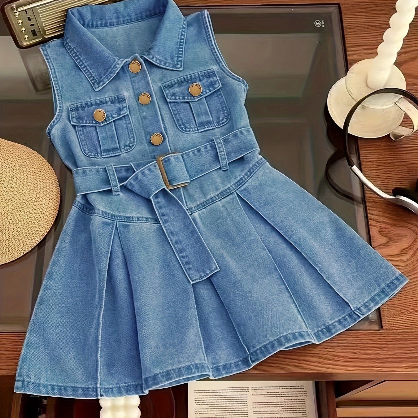Girls Sleeveless Lapel Pocket Button Pleated Denim Dress With Belt, Size: 4-5Y