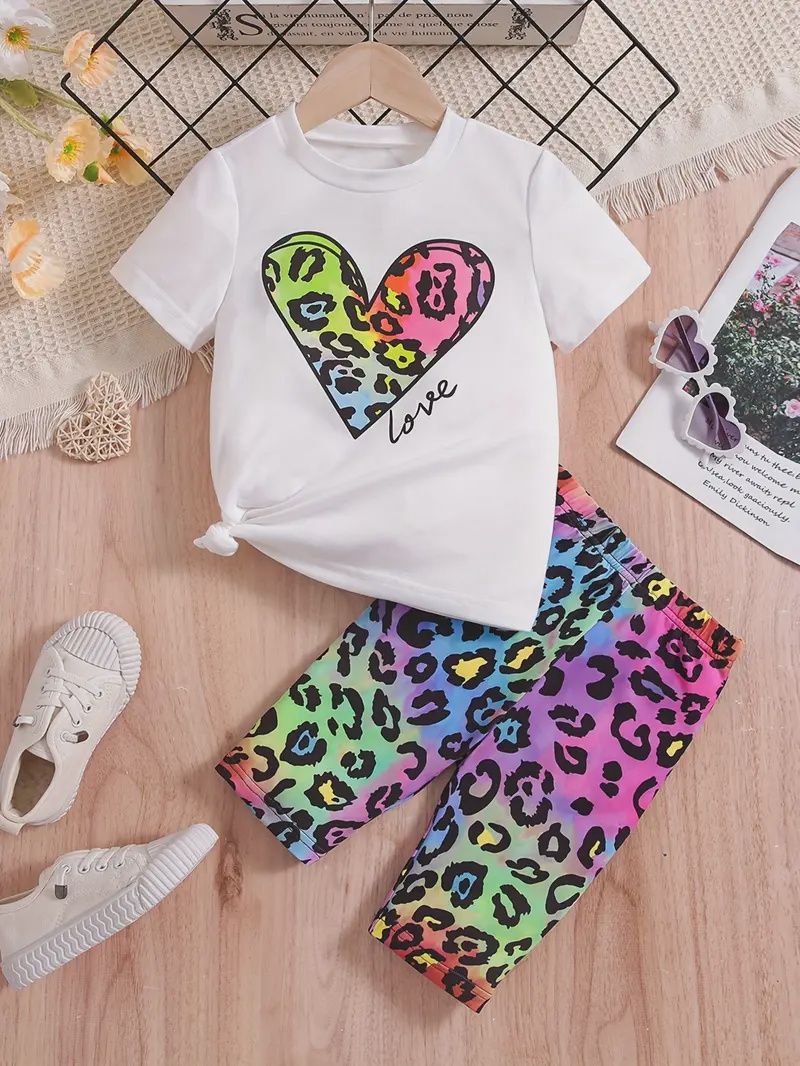 Ombre Leopard Print Two-Piece Girls Set, Casual T-Shirt + Leopard Biker Shorts, Size: 7-8Y
